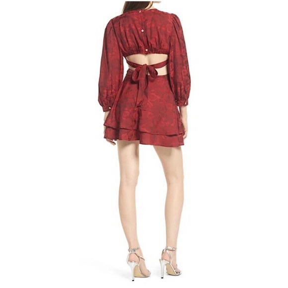 RAHI NWD Flora Cutout Mini A Line Dress Red Sz L Tie Back Button Back 7/8 Slv - Picture 2 of 8